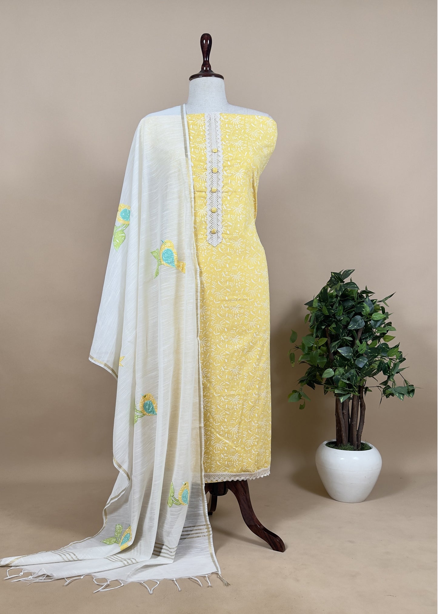 Yellow Cotton Unstiched Suit With Maheshwari Applique Dupatta