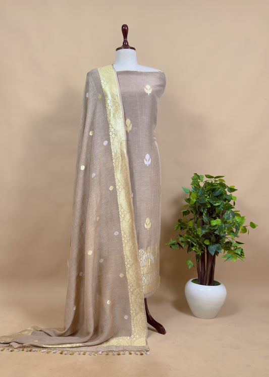 Handloom Brown Linen Silk With Kadwa Weaves