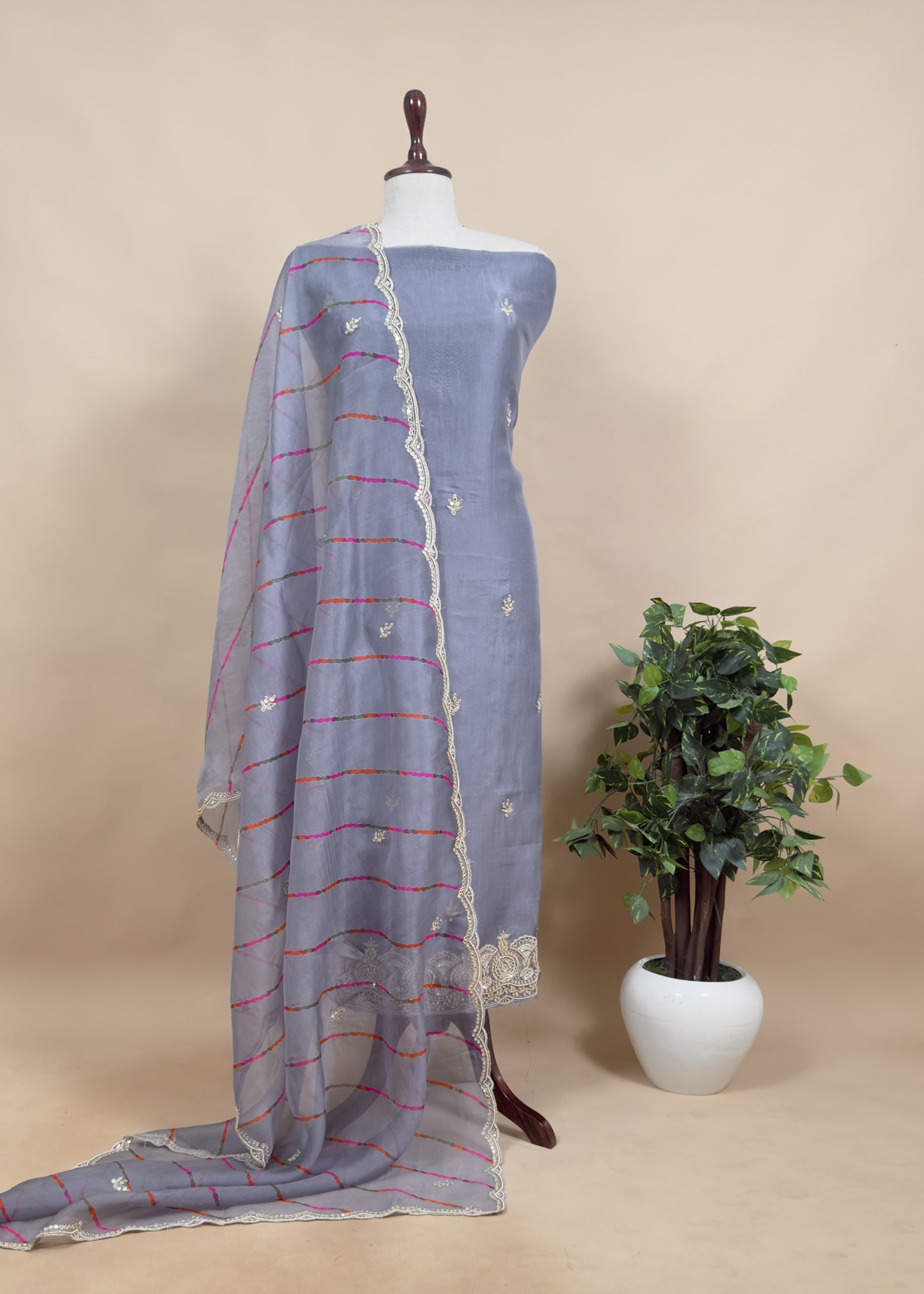 Soft Blue Grey Luxe Handloom Organza Kurta And Leheriya Dupatta With Hand Work