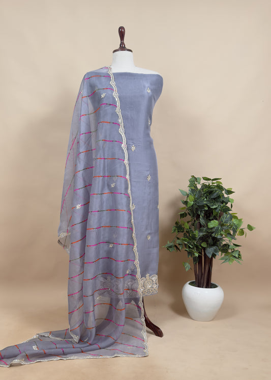 Soft Blue Grey Luxe Handloom Organza Kurta And Leheriya Dupatta With Hand Work