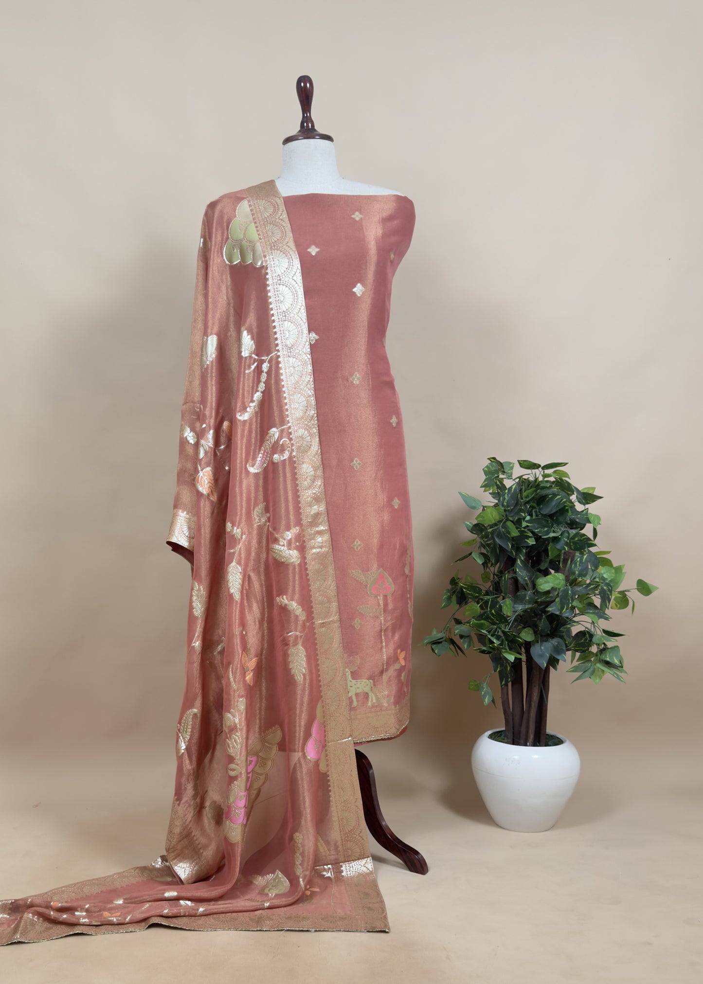 Tissue Silk Unstitched Dupatta Suit With Meenakari And Zari Weaving