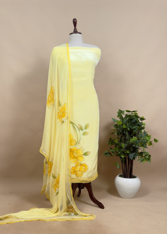 Yellow Gota Embroidered Handpainted Crepe Suit