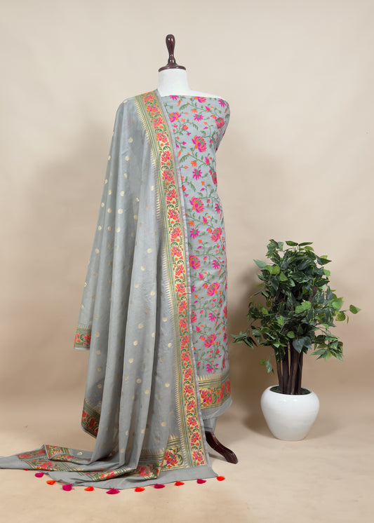 Grey Handloom Banarasi Suit With Paithani Weaving