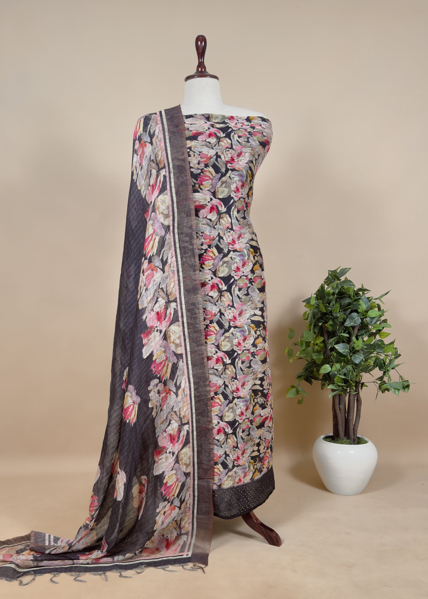Black Handloom Linen Silk Suit With Digital Print