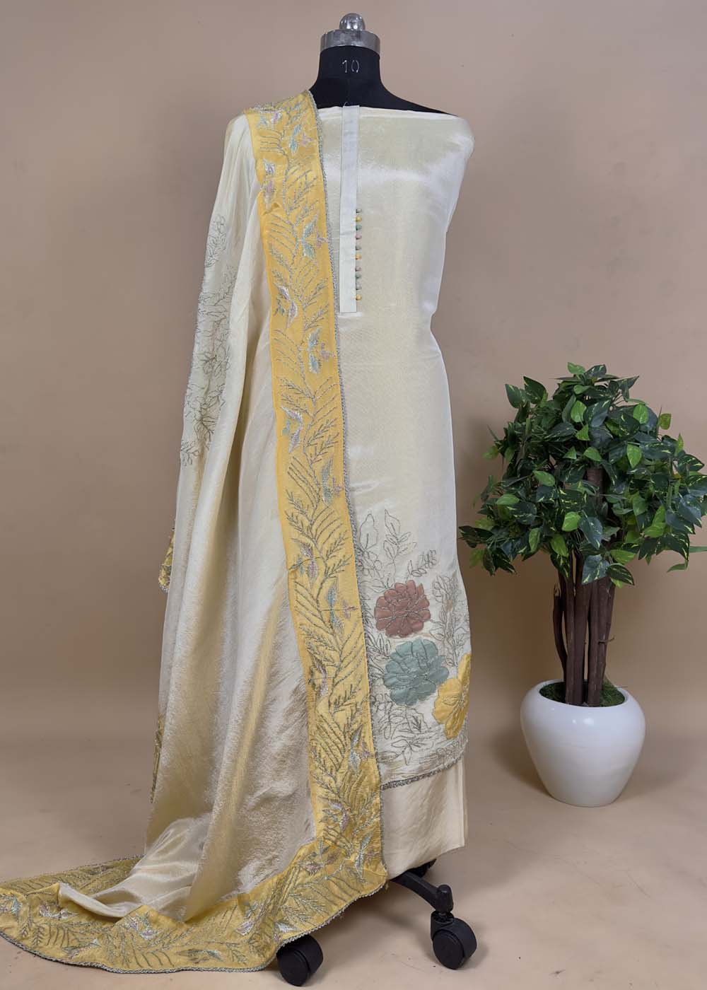 Yellow Soft Tissue Organza Suit With Gotapati Work