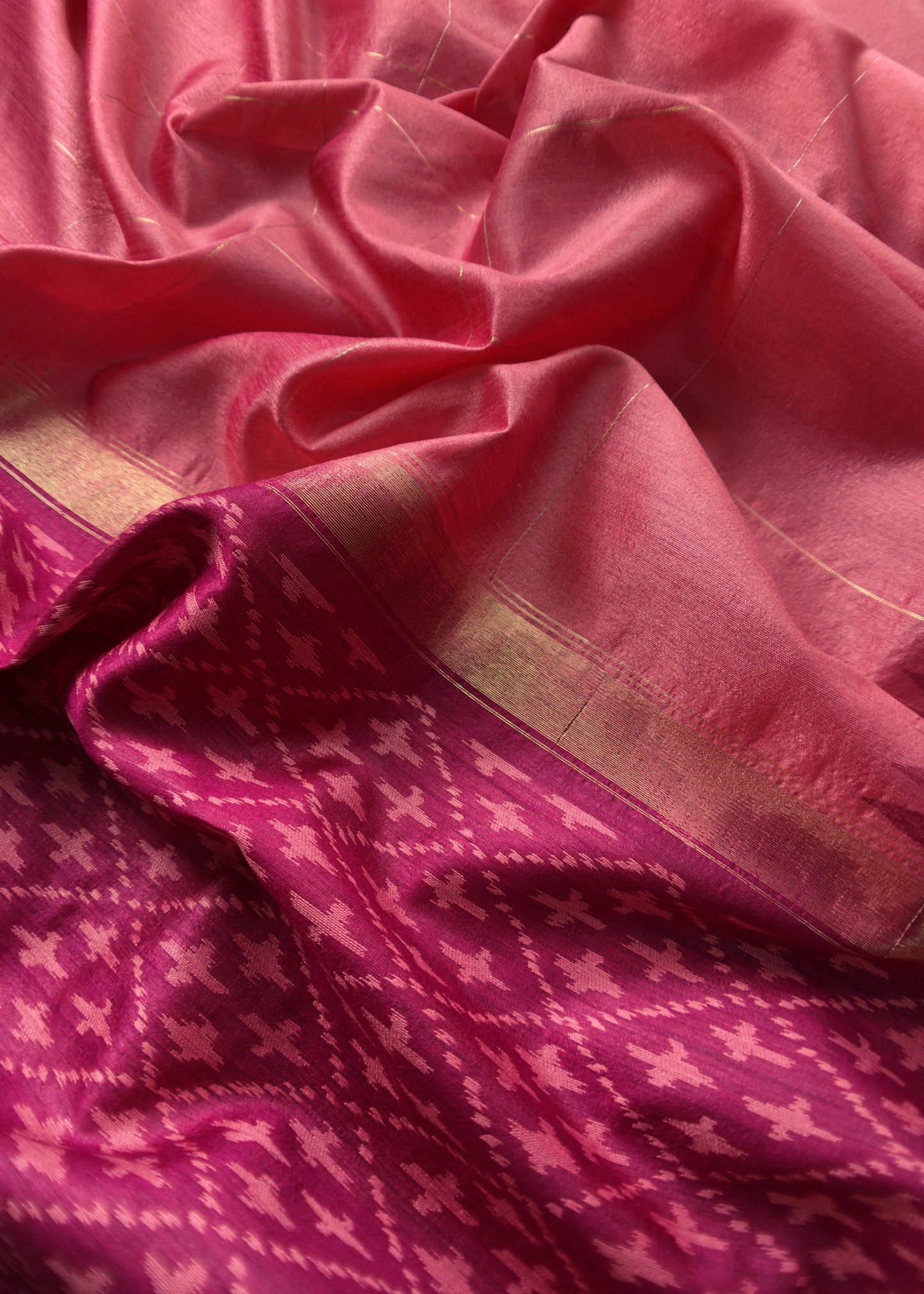 Rani Pink Chanderi Blend Ikkat Suit Set With Zari borders