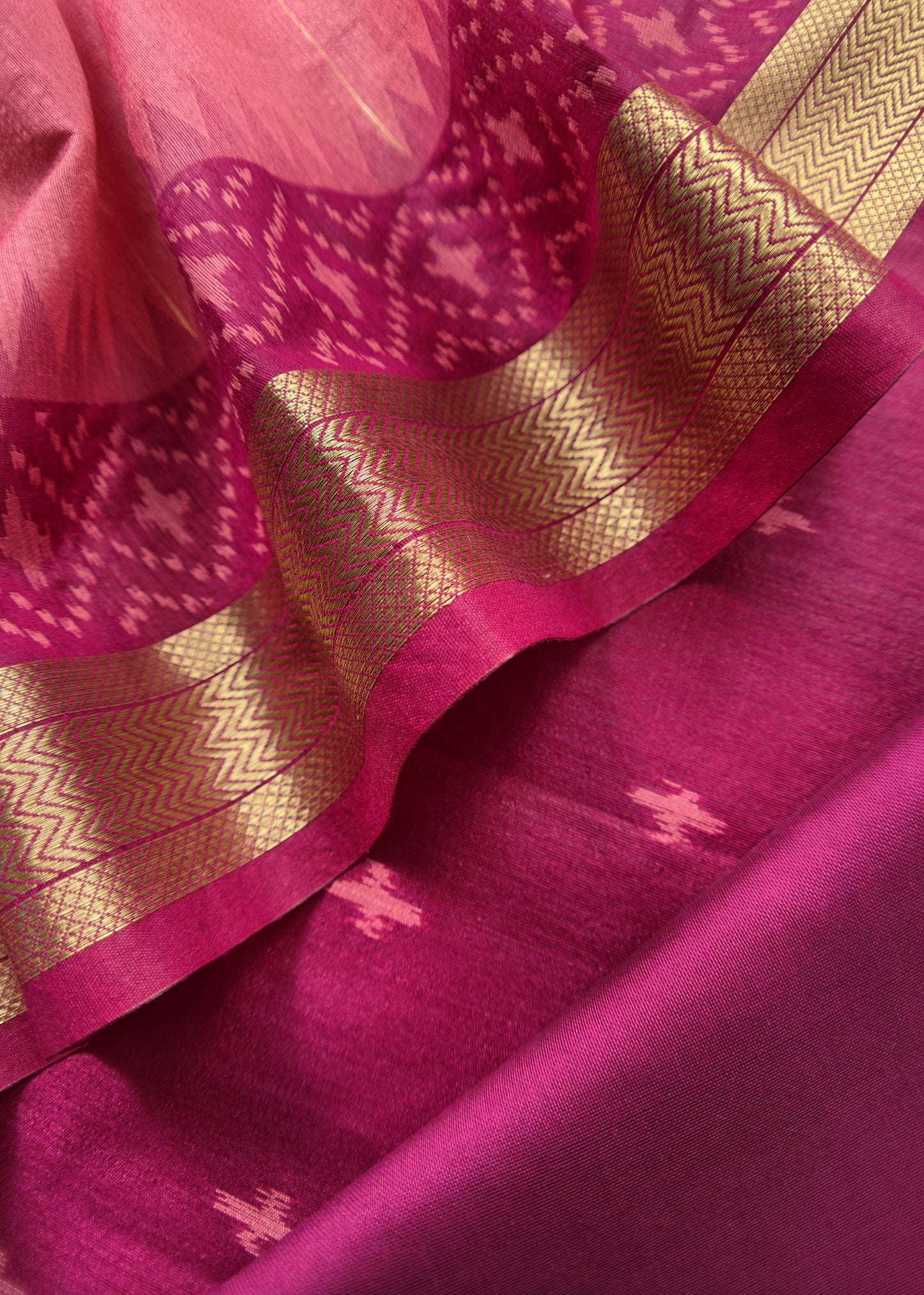 Rani Pink Chanderi Blend Ikkat Suit Set With Zari borders