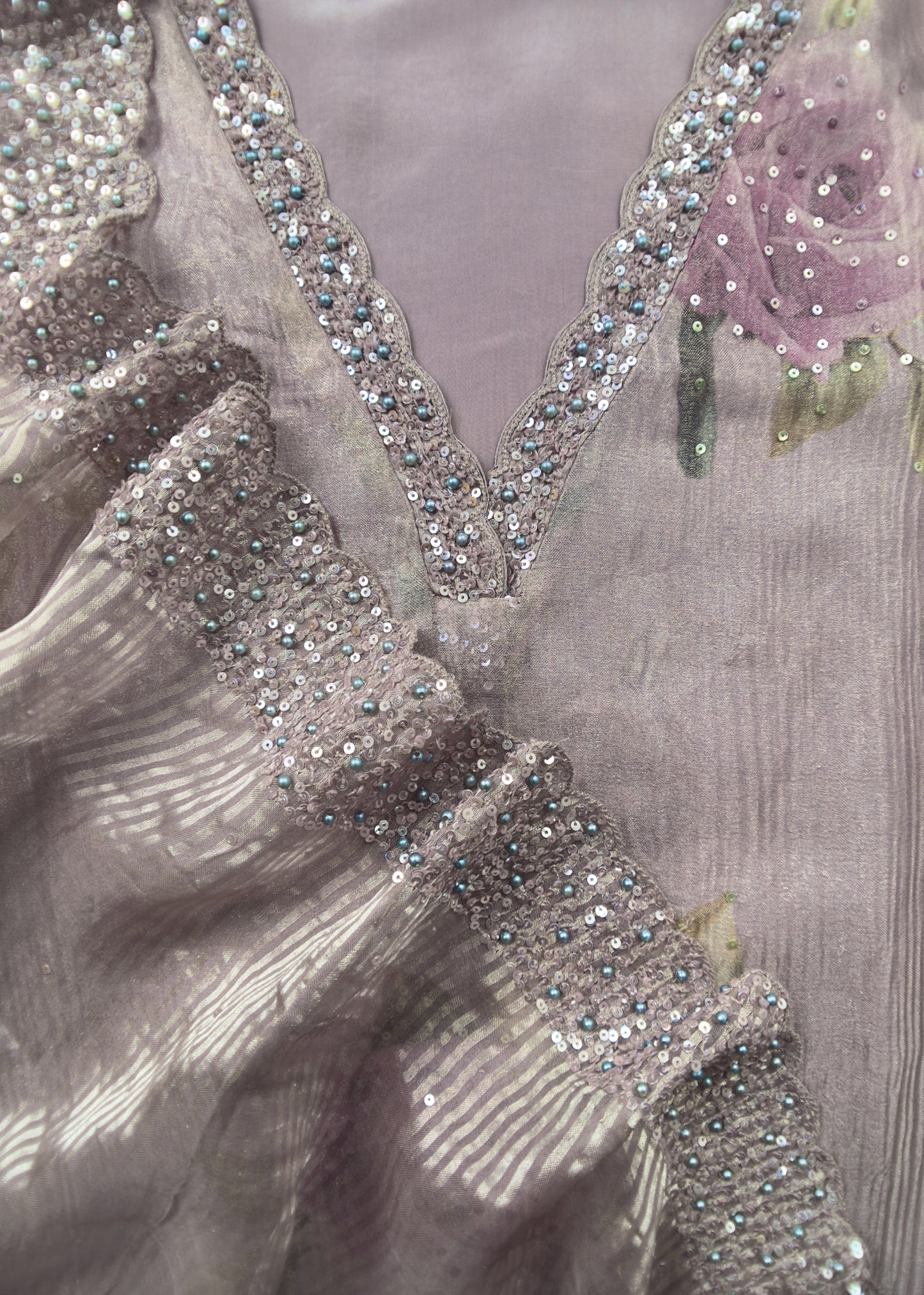 Pastel Purple Unstitched Dupatta-Suit In Handloom Tissue-Silk With Pearl And Sequins