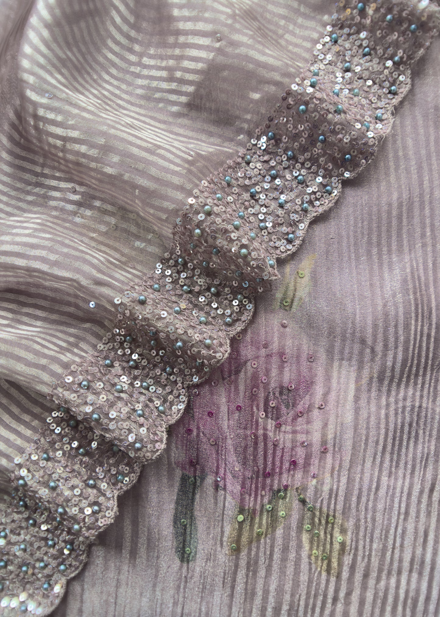 Pastel Purple Unstitched Dupatta-Suit In Handloom Tissue-Silk With Pearl And Sequins