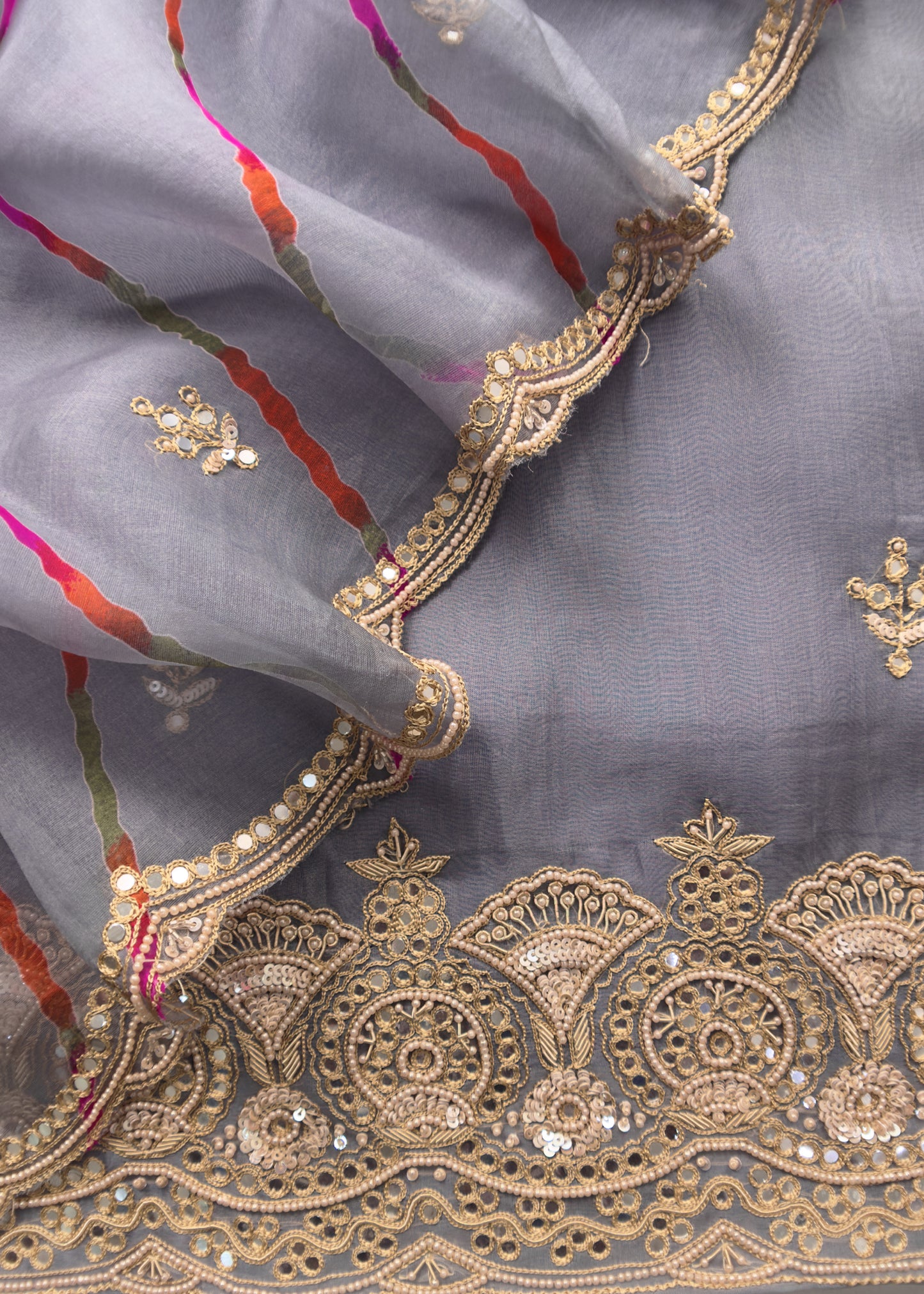 Soft Blue Grey Luxe Handloom Organza Kurta And Leheriya Dupatta With Hand Work