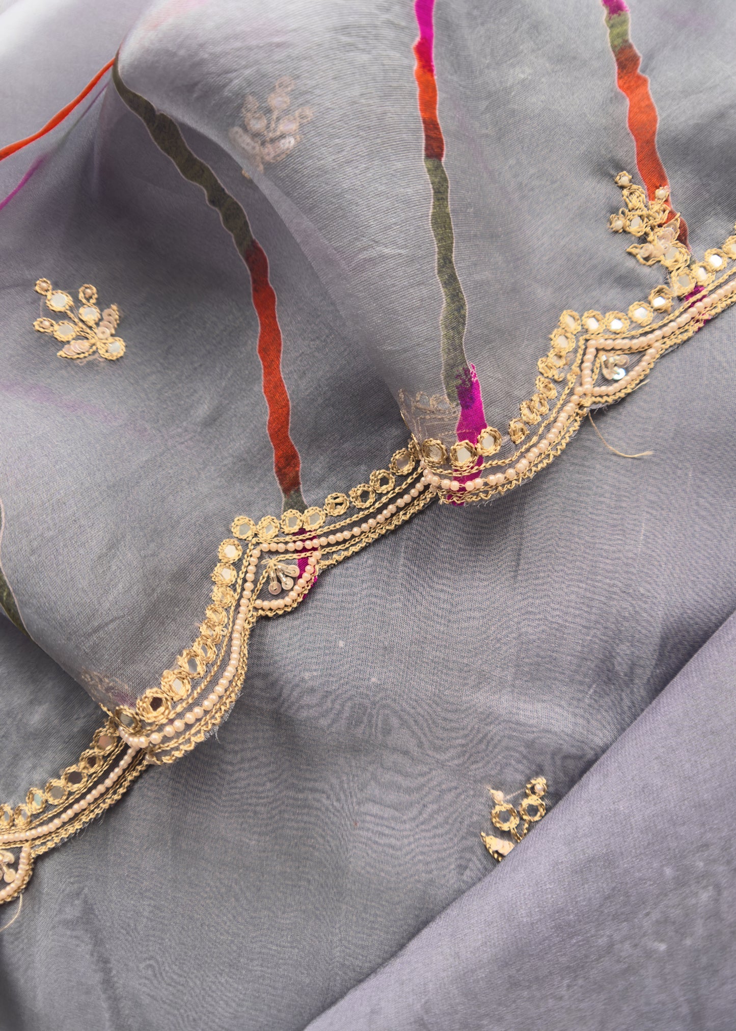Soft Blue Grey Luxe Handloom Organza Kurta And Leheriya Dupatta With Hand Work