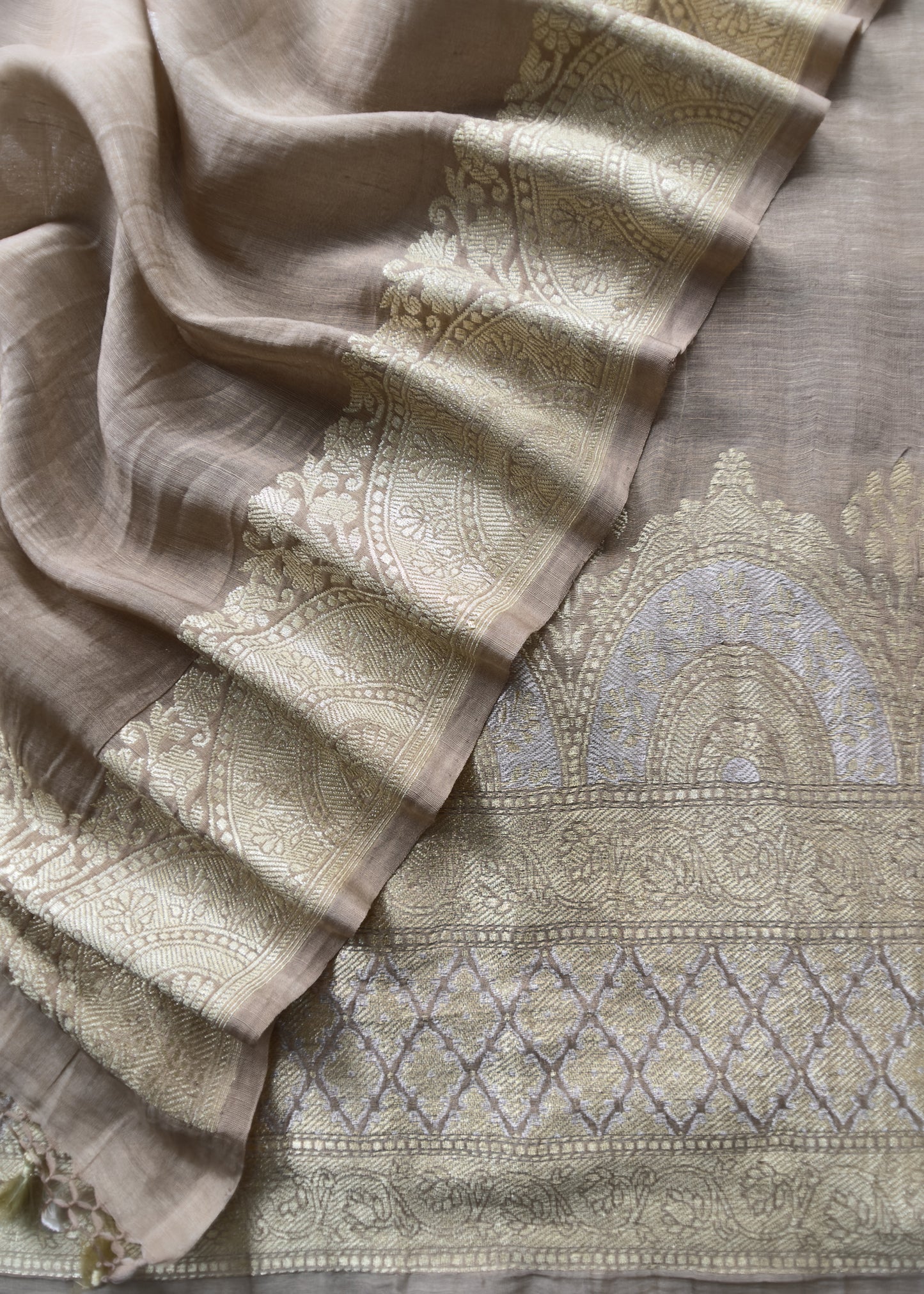 Handloom Brown Linen Silk With Kadwa Weaves