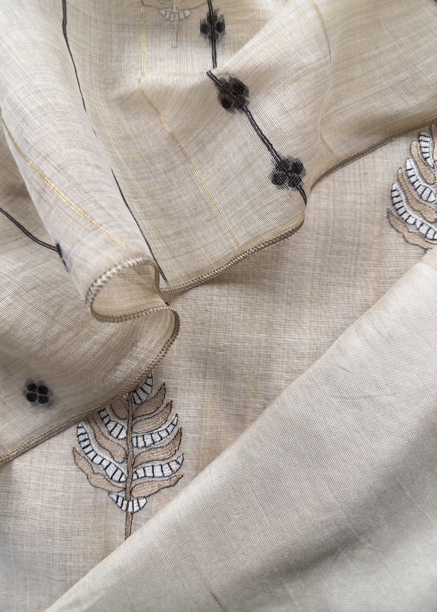 Beige Linen Chanderi Unstitched Suit With Jamdani Weaving