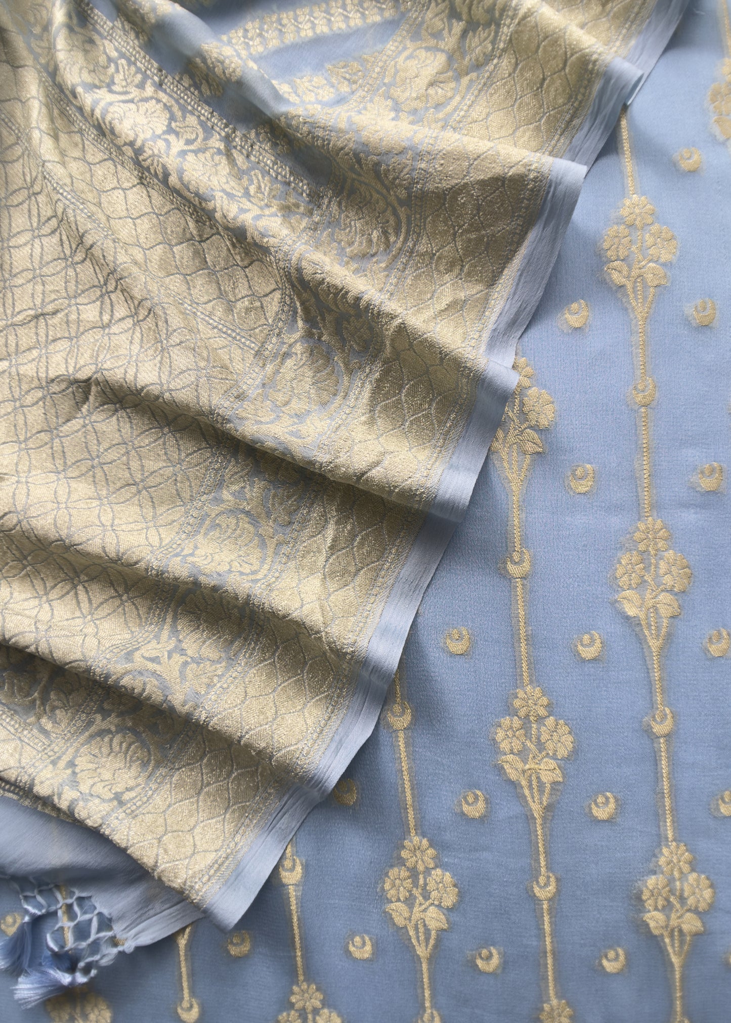 Blue Handloom Chiffon Suit Fabric With Zari Weaving Cutwork
