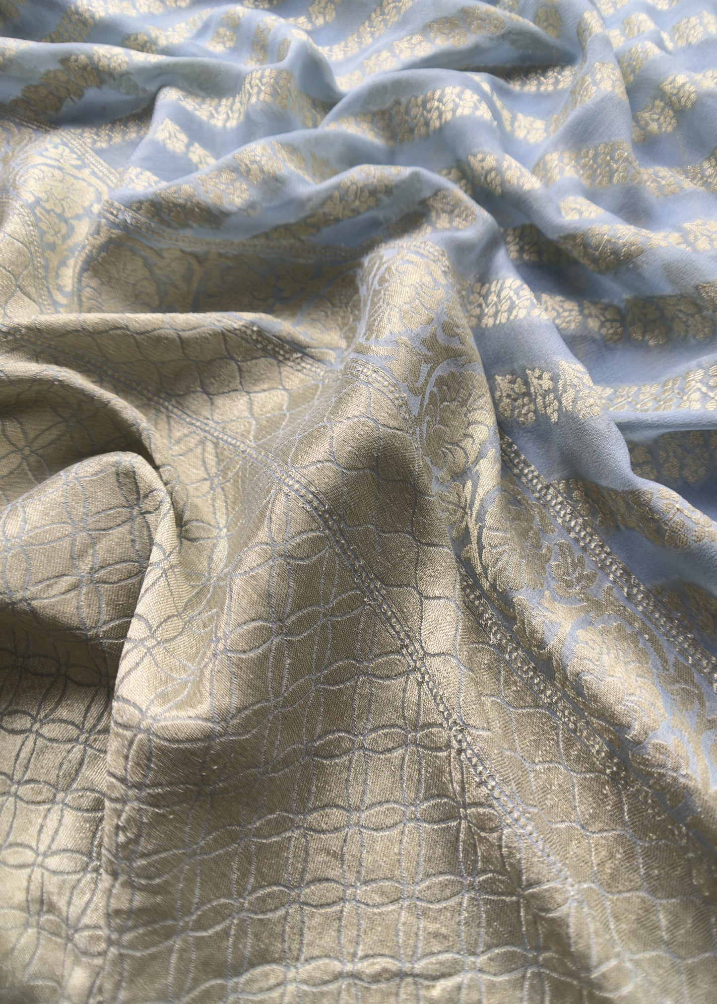 Blue Handloom Chiffon Suit Fabric With Zari Weaving Cutwork