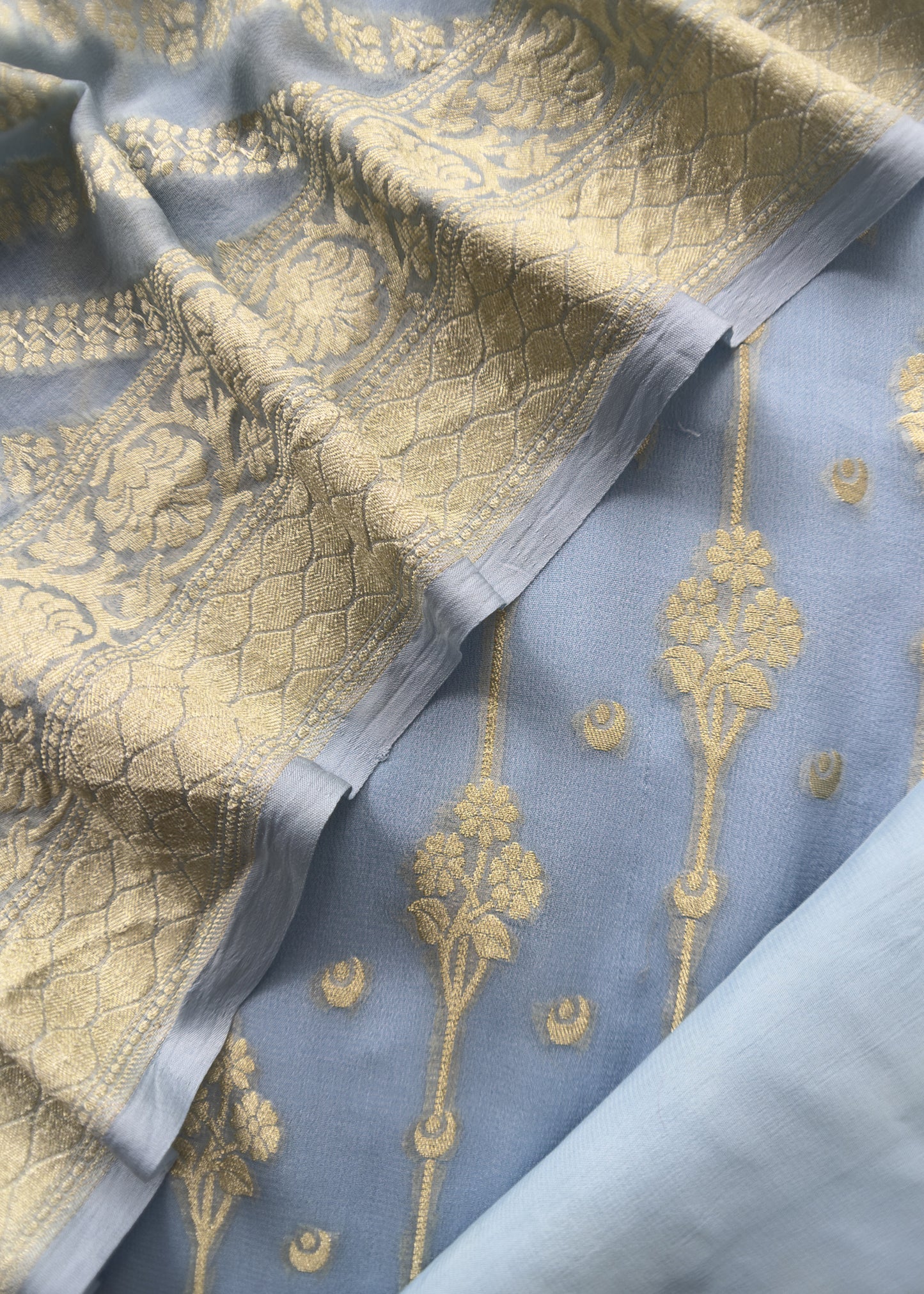 Blue Handloom Chiffon Suit Fabric With Zari Weaving Cutwork