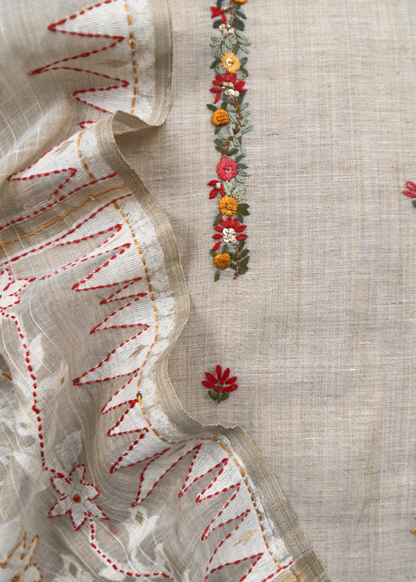 Light Fawn Linen Chanderi Unstitched Suit With French Knot And Kantha Hand Embroidery