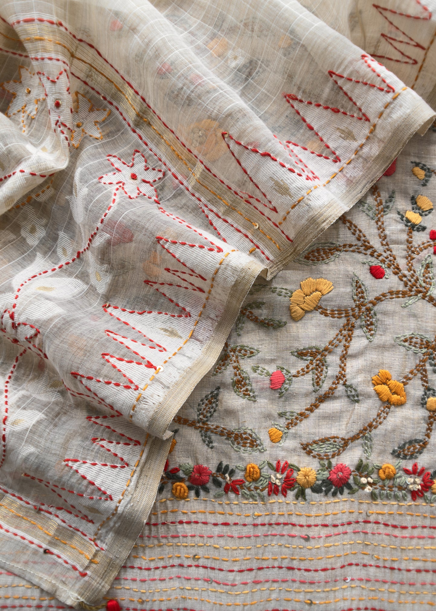 Light Fawn Linen Chanderi Unstitched Suit With French Knot And Kantha Hand Embroidery