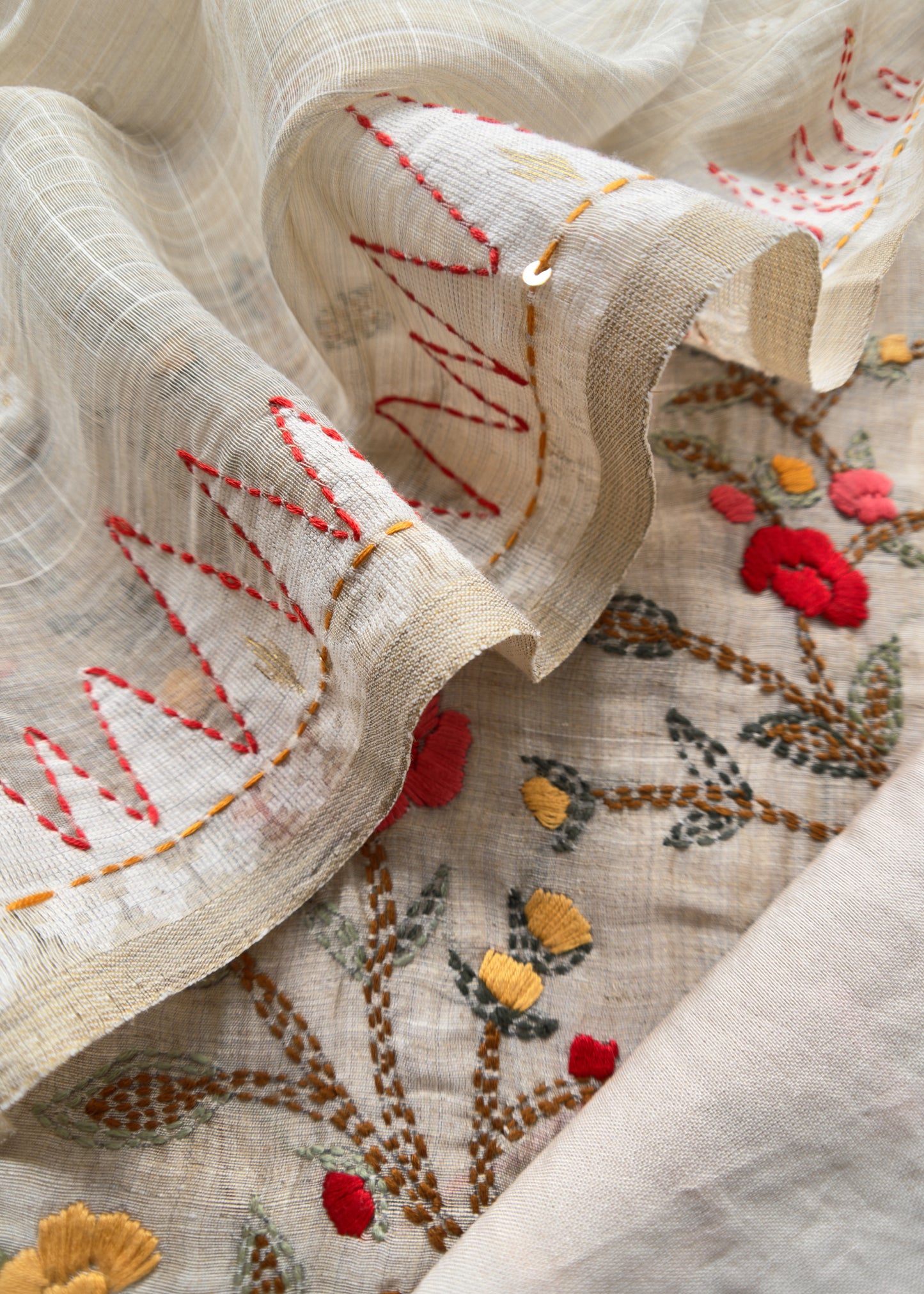 Light Fawn Linen Chanderi Unstitched Suit With French Knot And Kantha Hand Embroidery