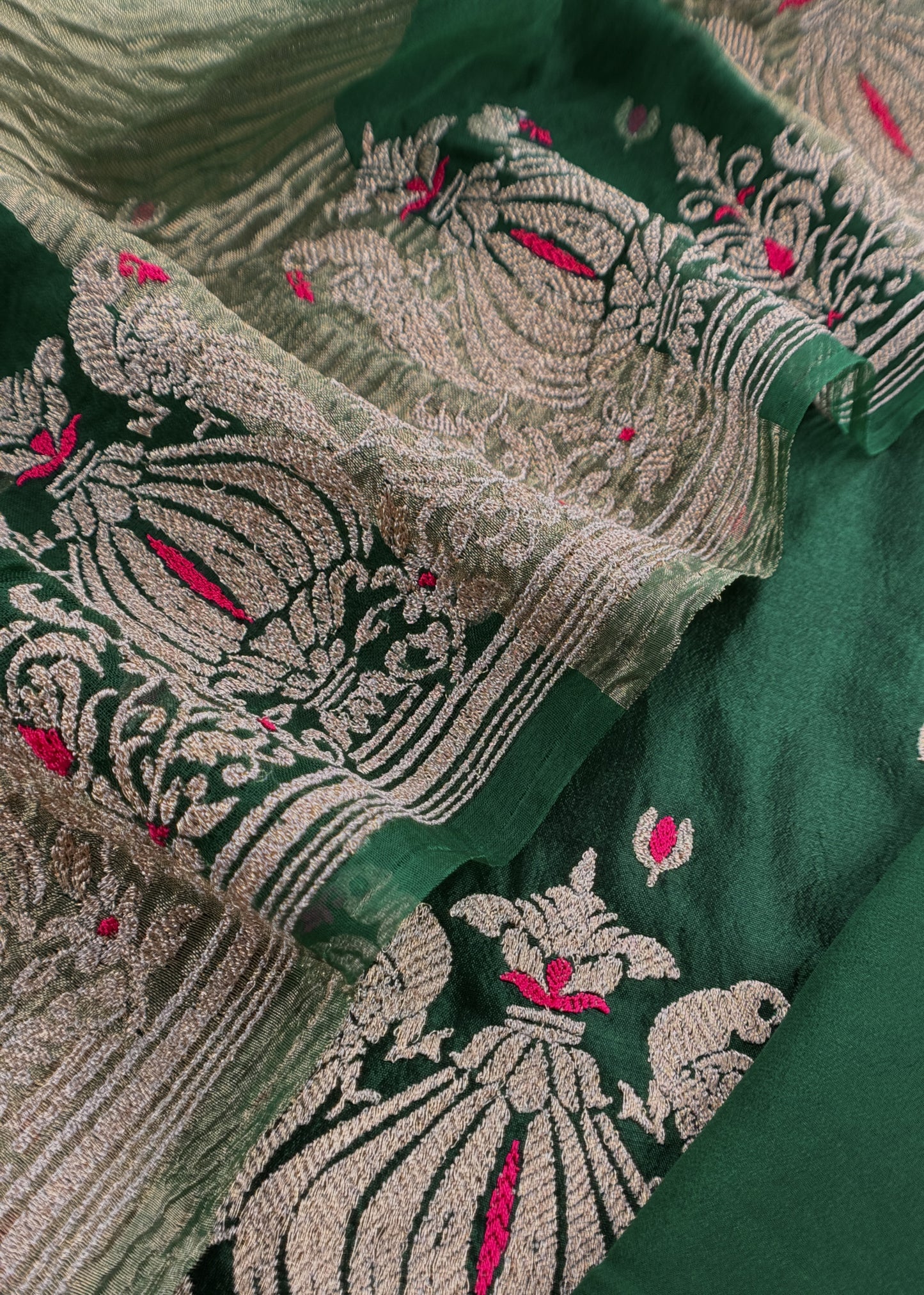 Bottle Green Tyohar luxe Mor Pure Kora Silk Kurta With Double Panel Crushed Tissue Dupatta