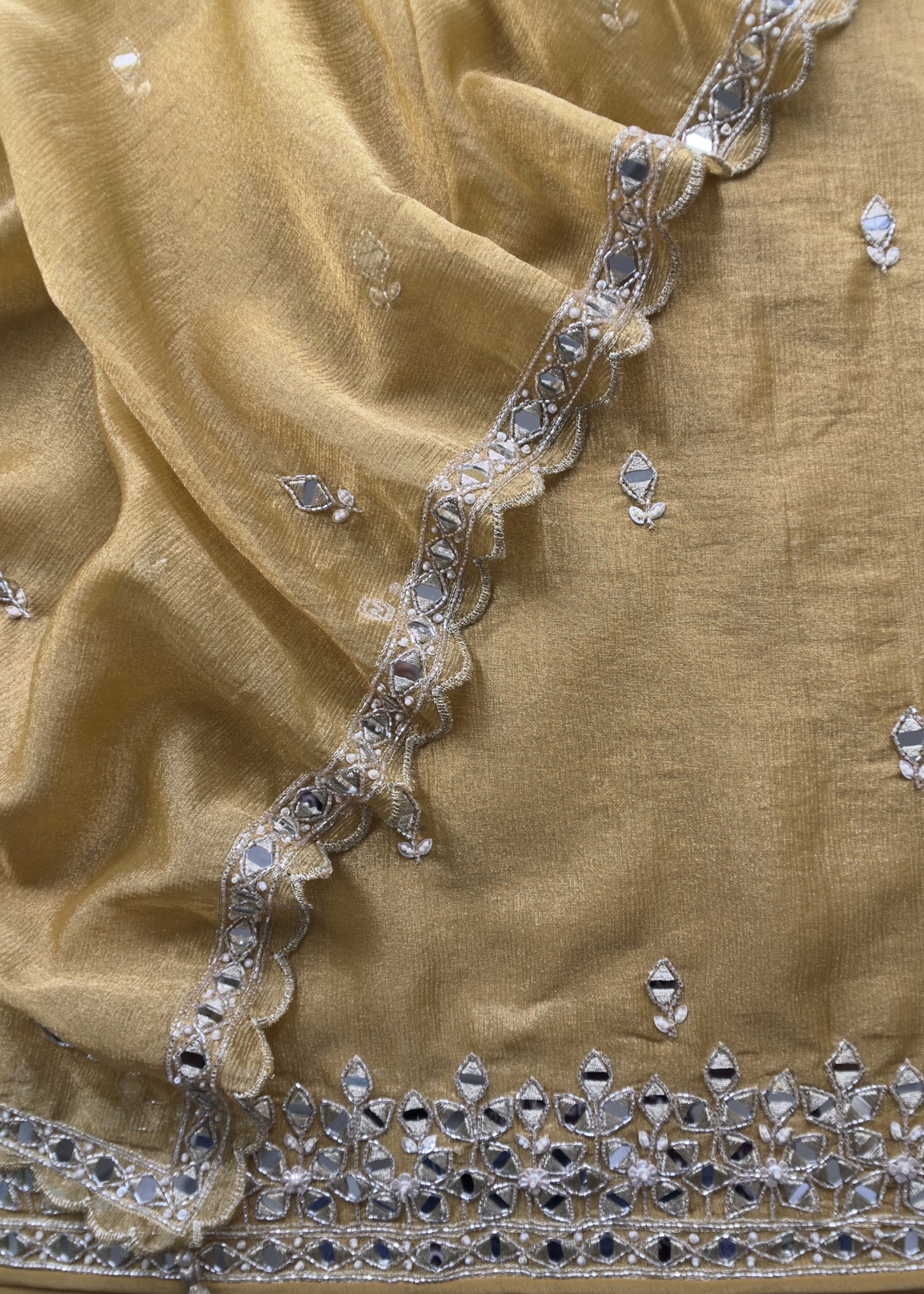 Gold Pure Tissue Silk Unstitched Suit with Real Mirrors Handwork