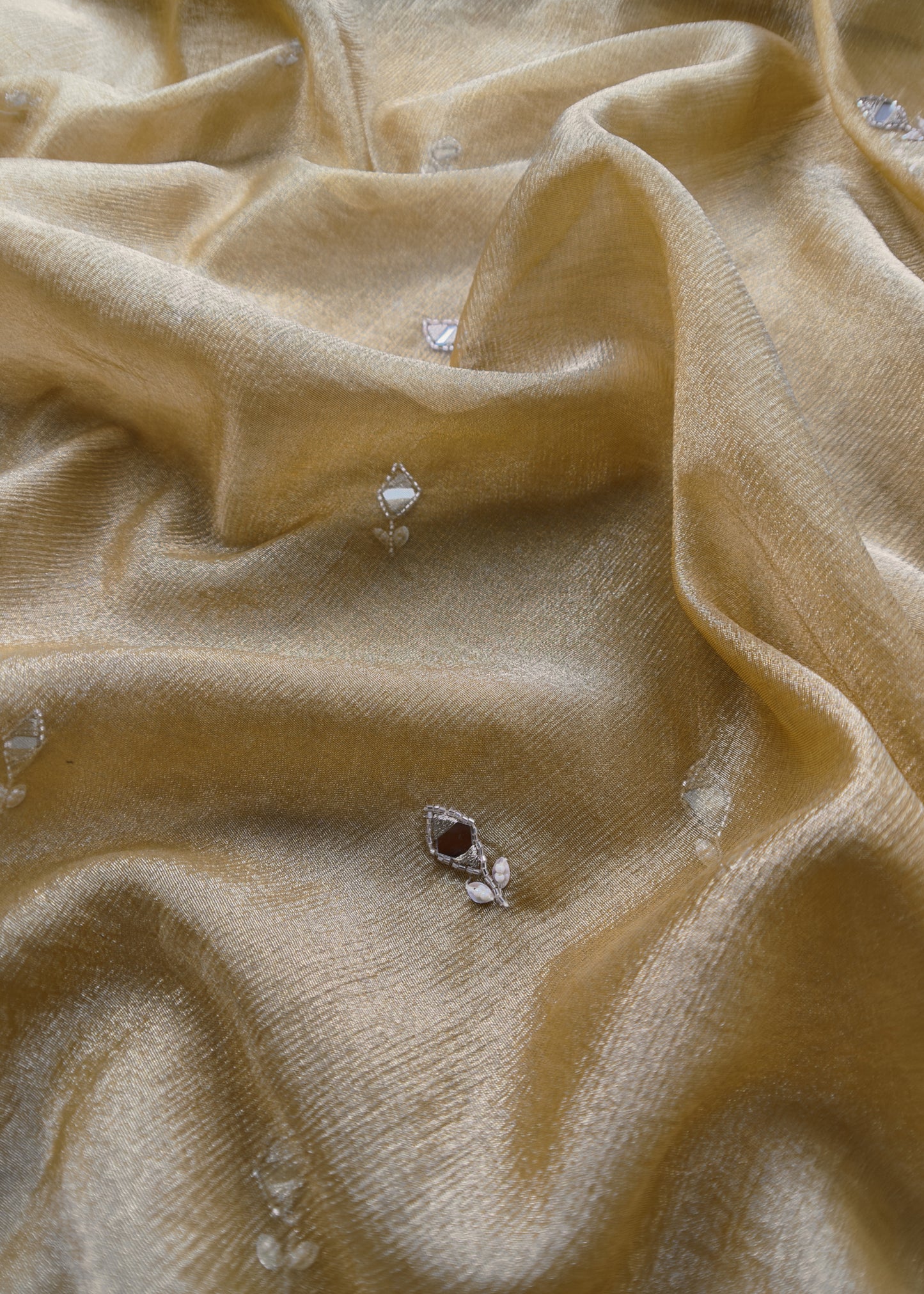 Gold Pure Tissue Silk Unstitched Suit with Real Mirrors Handwork