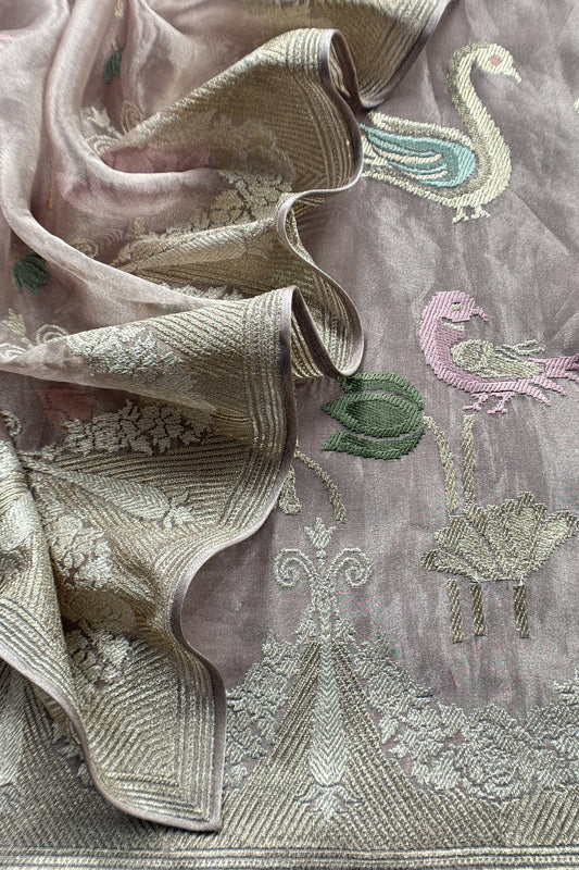 Chikoo Handloom Tissue Silk Suit With Gold Silver Zari And Embroidery