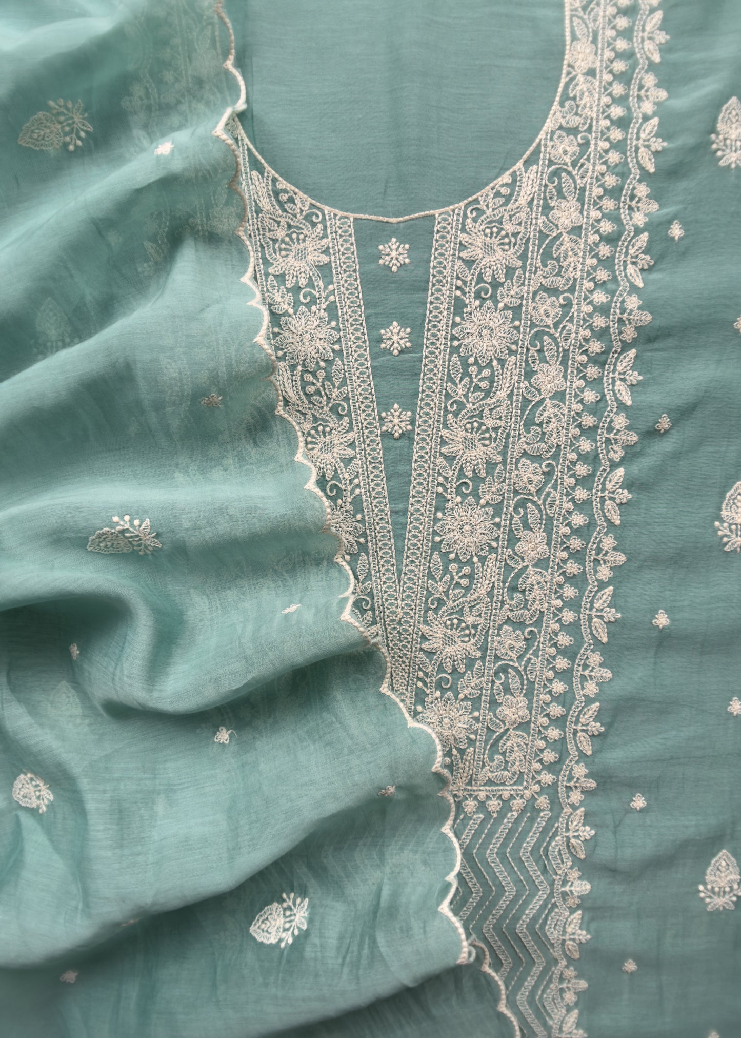 Pastel Blue Pure Mul Suit With Chikan Embroidery