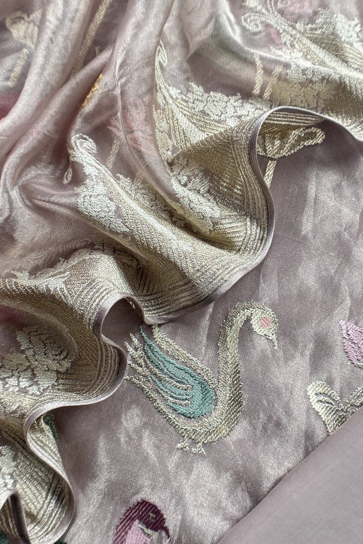 Chikoo Handloom Tissue Silk Suit With Gold Silver Zari And Embroidery
