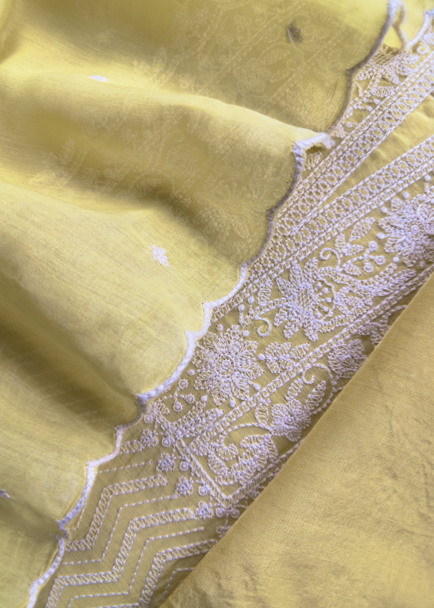 Yellow Pure Mul Suit With Chikan Embroidery