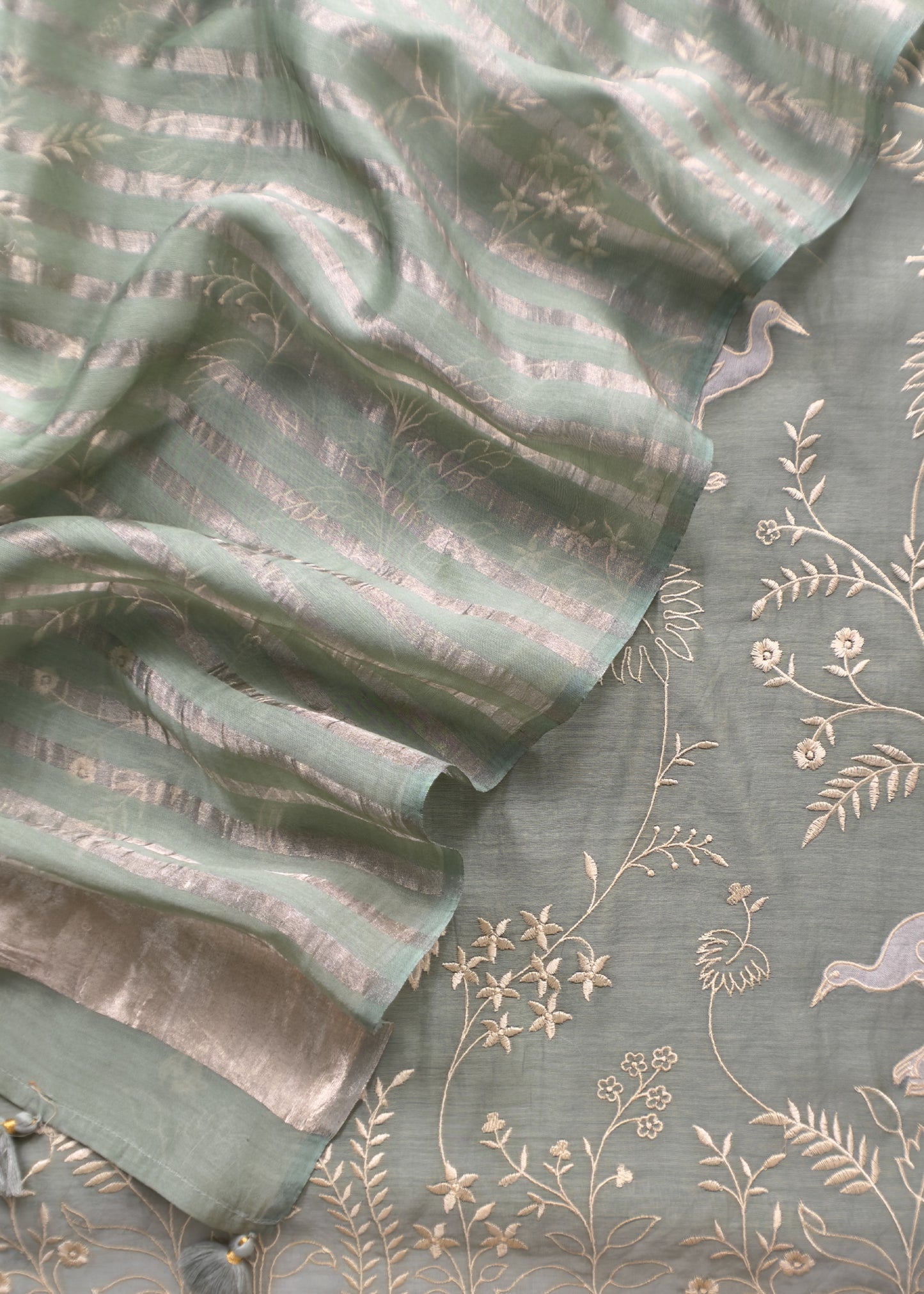 Sage Green Chidiya Tales Mul Cotton Suit Set With Zari Lurex Dupatta