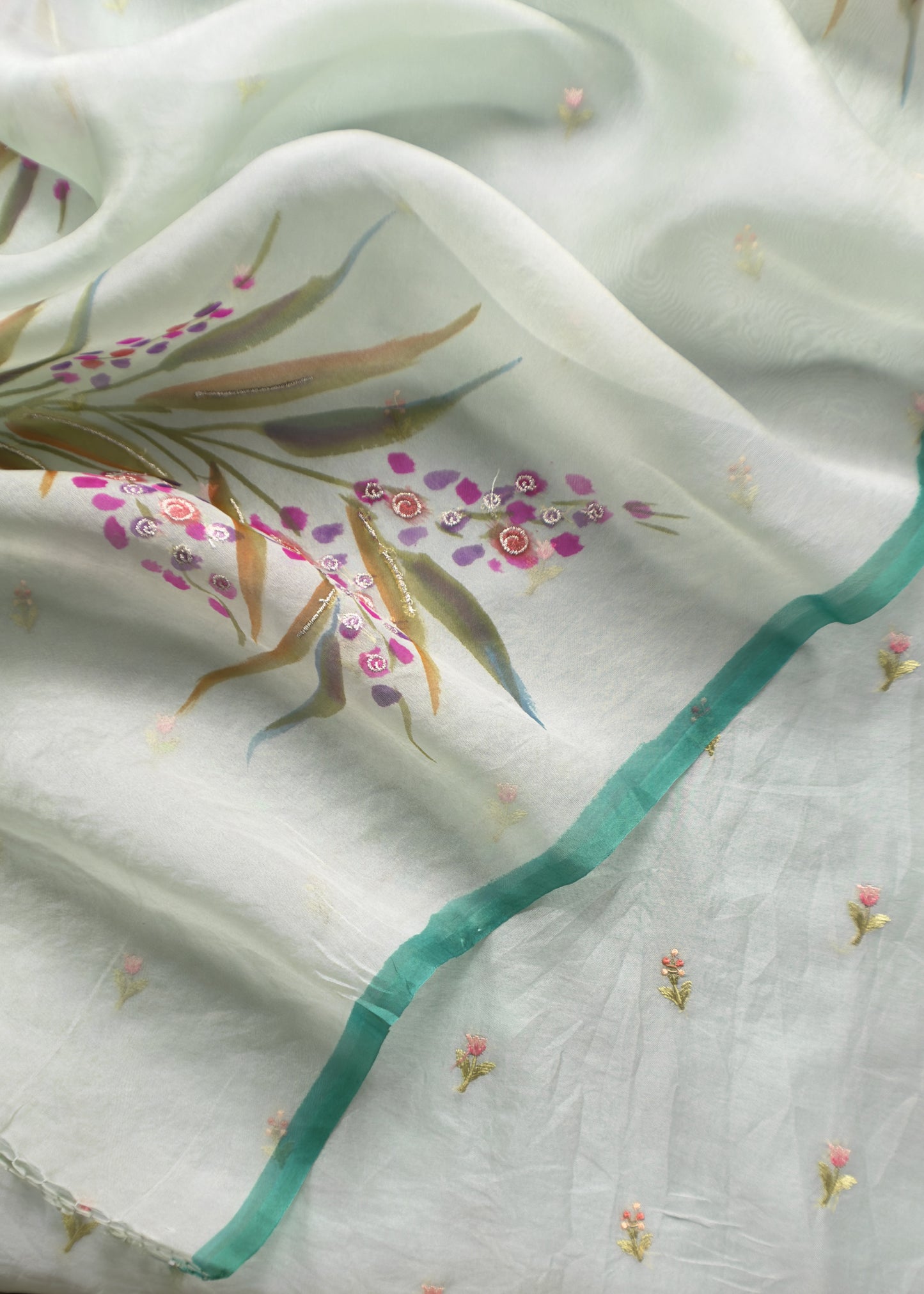 Blueish Green Pure Organza Unstitched Suit In Resham Embroidery