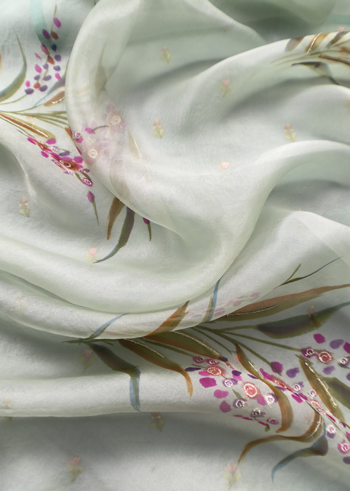 Blueish Green Pure Organza Unstitched Suit In Resham Embroidery