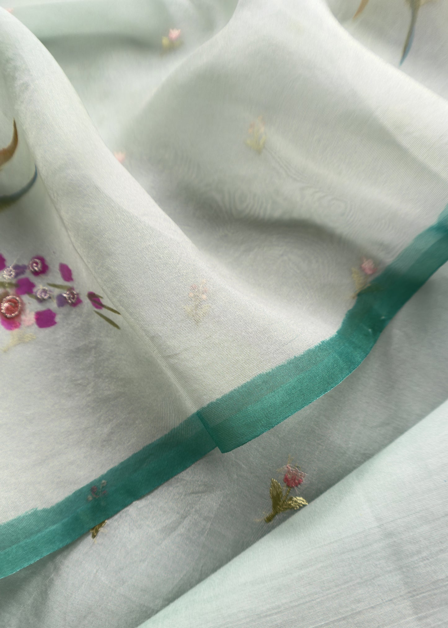 Blueish Green Pure Organza Unstitched Suit In Resham Embroidery