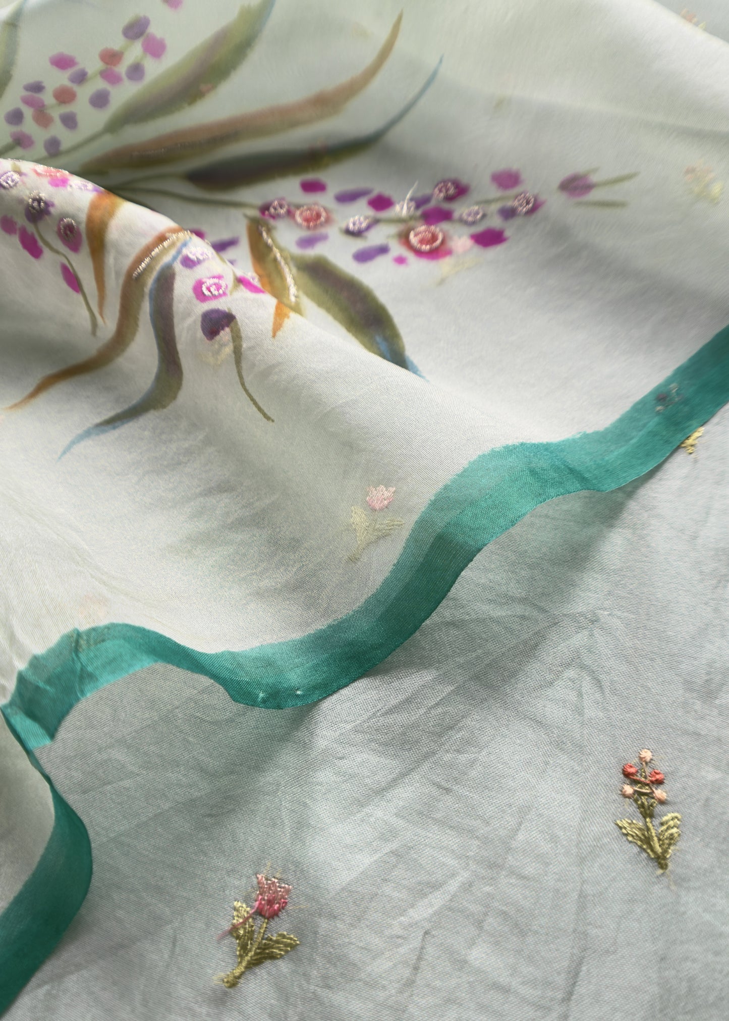 Blueish Green Pure Organza Unstitched Suit In Resham Embroidery