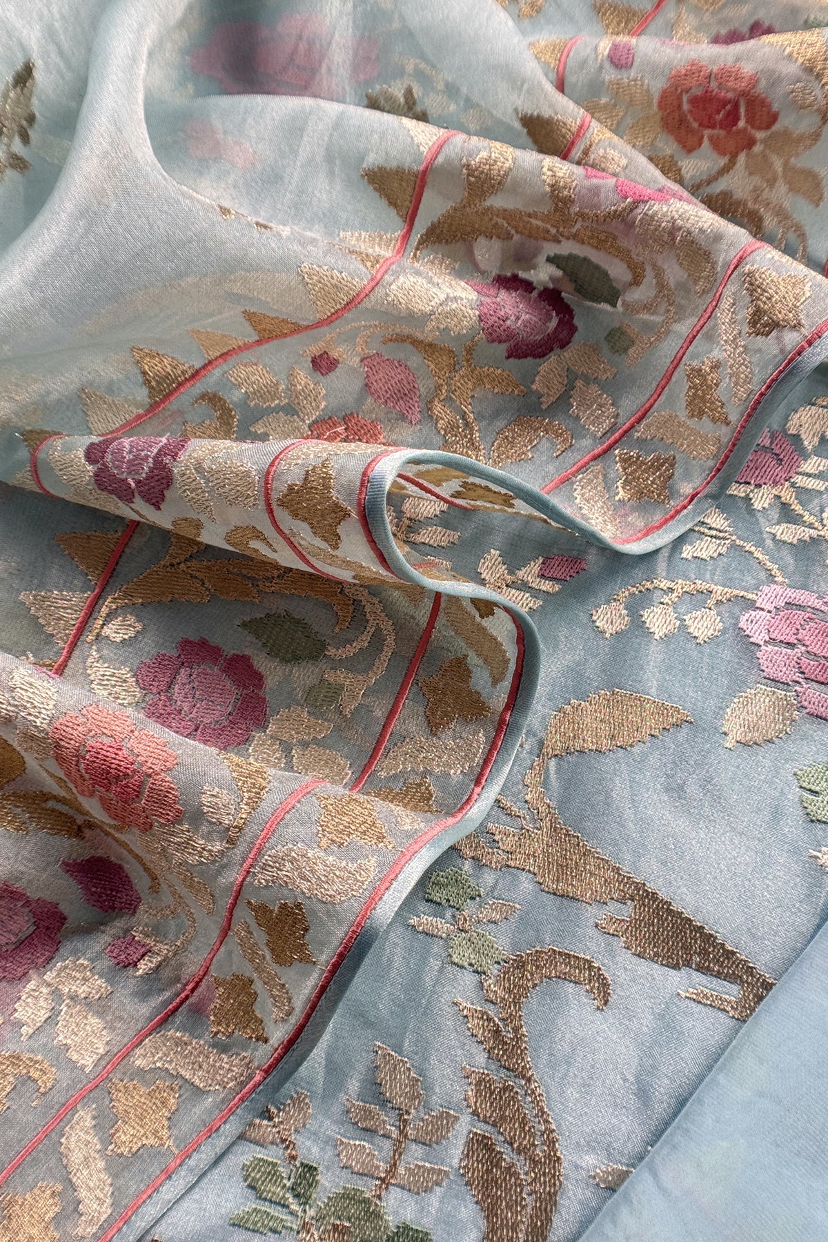 Sky Blue Handloom Tissue Silk Suit With Gold Silver Zari And Embroidery