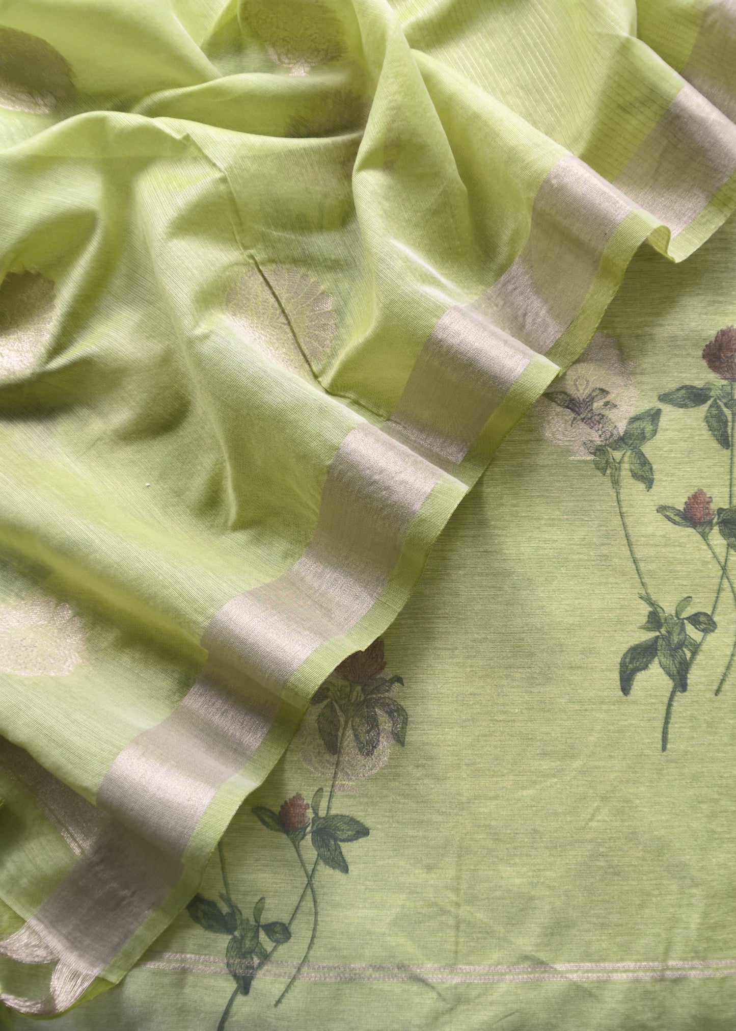 Green Summer floral Unstitched Suit in Chanderi Blend fabric