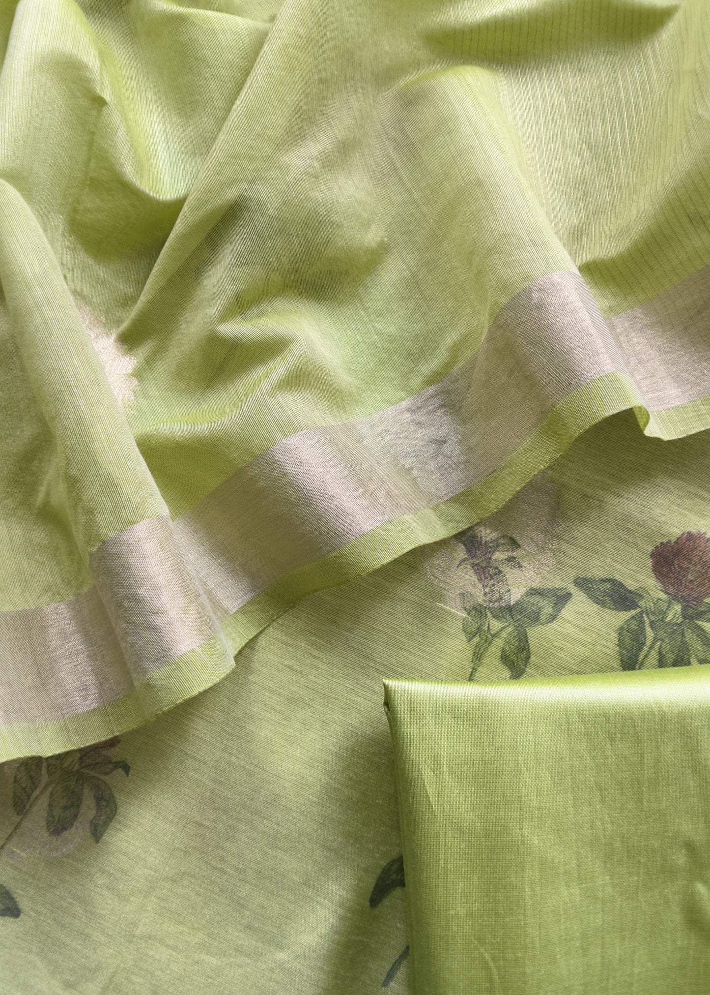 Green Summer floral Unstitched Suit in Chanderi Blend fabric