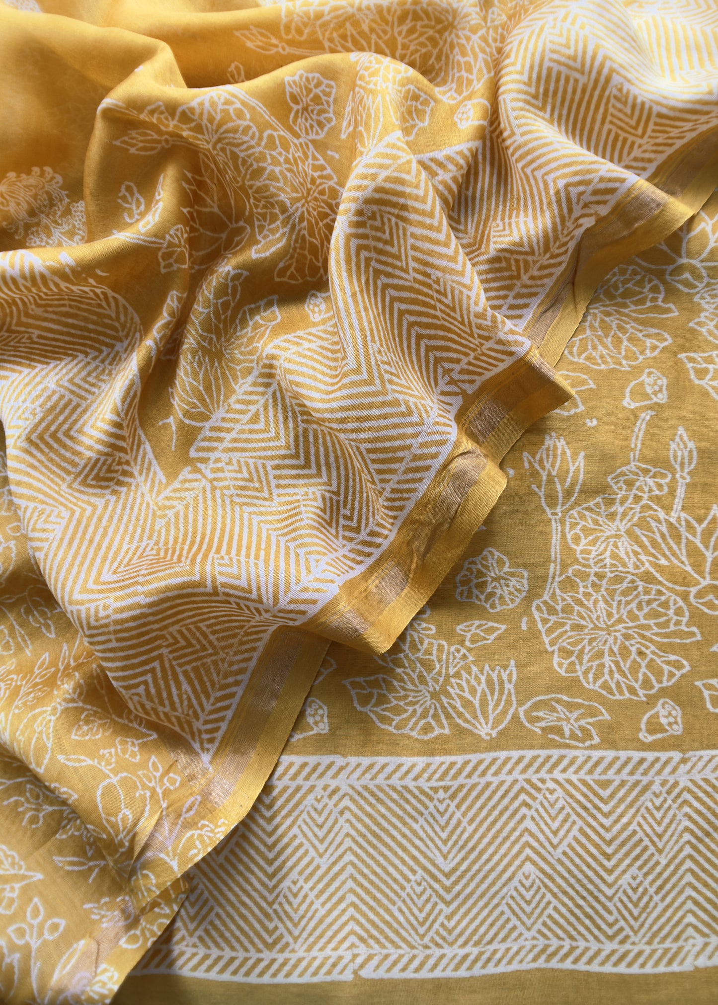 Sun Yellow Maheshwari Suit With Block Printing