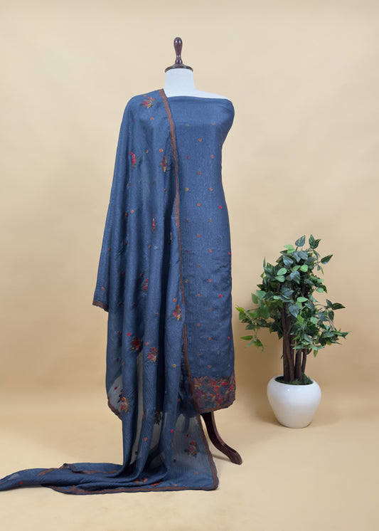 Midnight Blue Crushed Tissue Silk Suit With Floral Kantha Stitch Embroidery