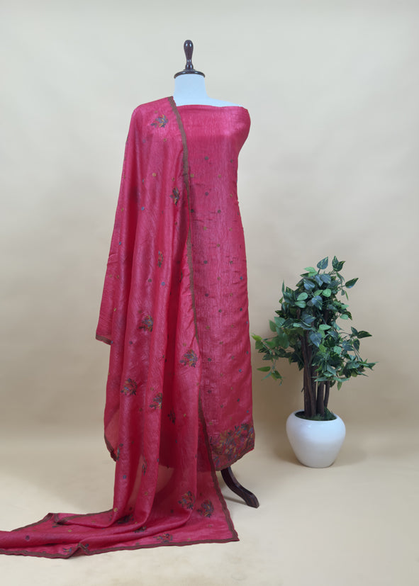 Midnight Blue Crushed Tissue Silk Suit With Floral Kantha Stitch Embroidery