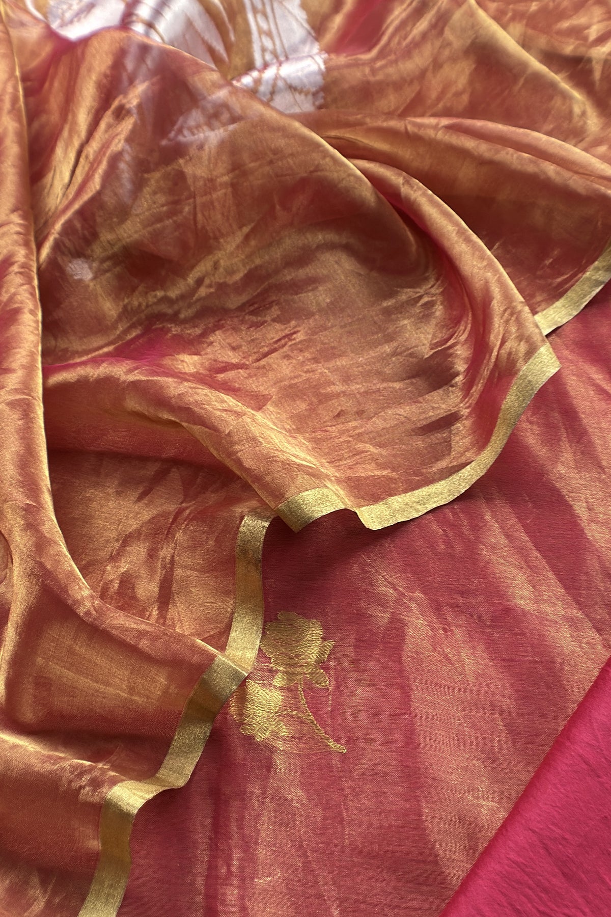 Rust Orange Handloom Tissue Silk Suit With Kadwa Weaves