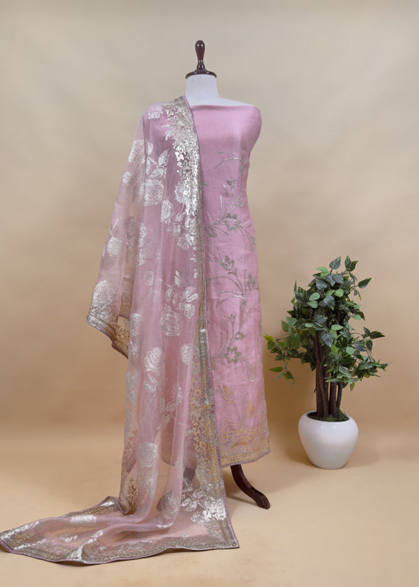 Off White Pure Crushed Tissue Suit With Dupatta