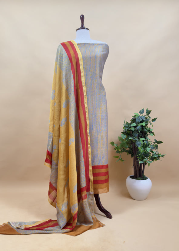 Pure Maheshwari Silk Suit With Block Print Dupatta