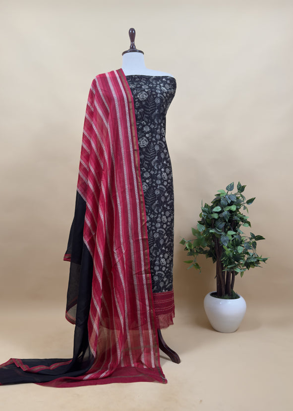 Purple And Green Block Print Handloom Maheshwari Silk Suit With Kantha Work
