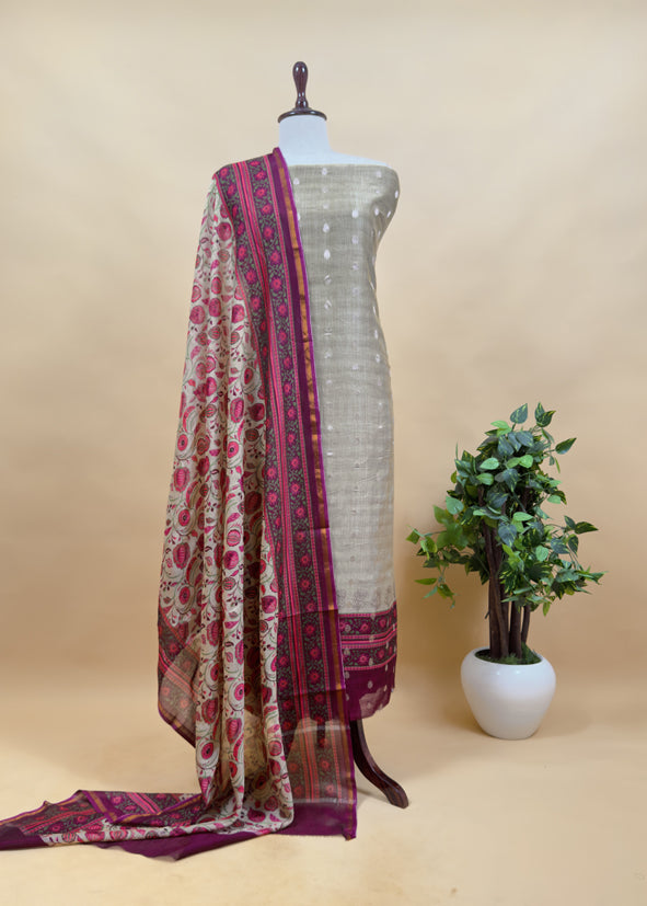 Beige And Blue Pure Maheshwari Silk Unstitched Suit Fabric With Banarasi Bootis And Kalamkari Print