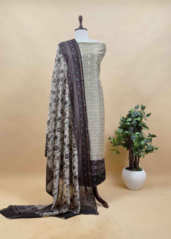Beige And Blue Pure Maheshwari Silk Unstitched Suit Fabric With Banarasi Bootis And Kalamkari Print