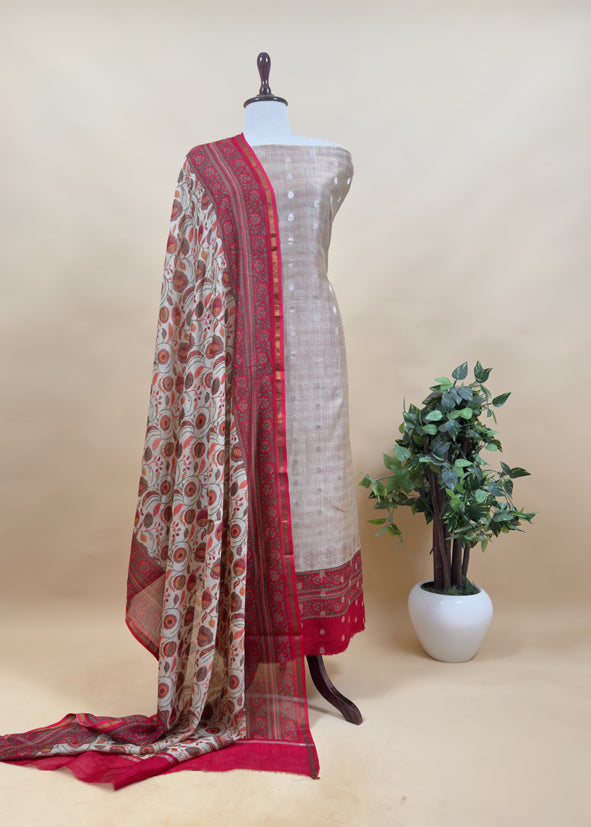Beige And Blue Pure Maheshwari Silk Unstitched Suit Fabric With Banarasi Bootis And Kalamkari Print