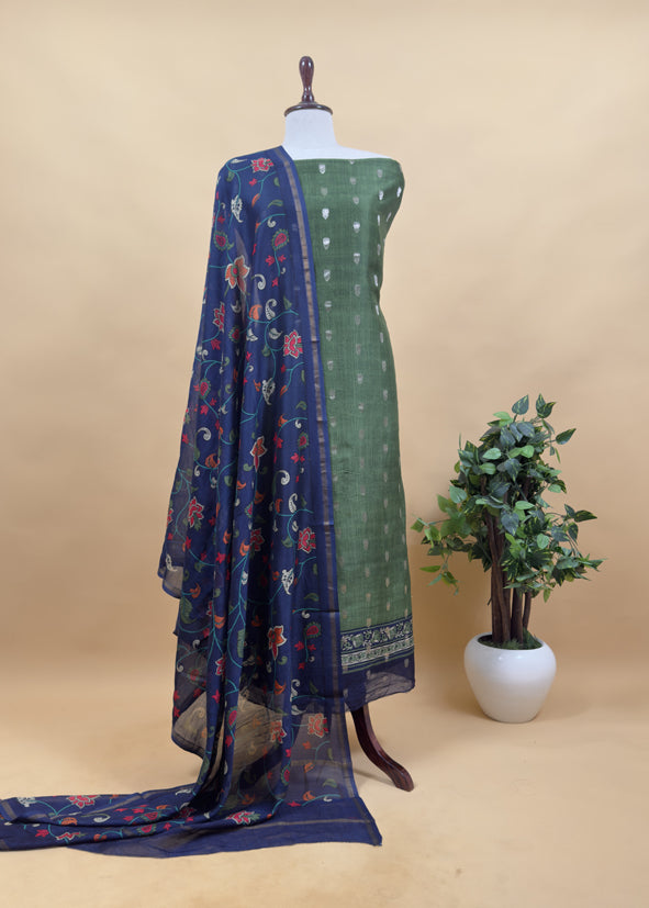 Green And Blue Kalamkari Print Pure Maheshwari Silk Suit With Banarasi Phool Bootis