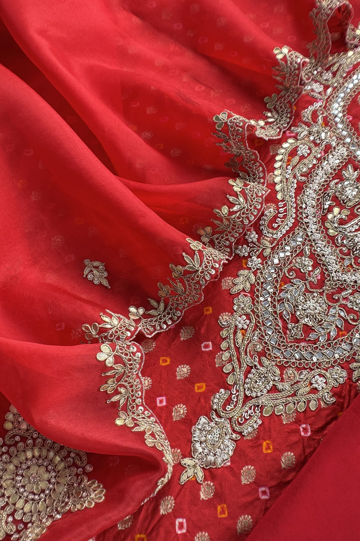 Red Bandhani Pure silk Unstitched Suit with Gota Patti, Dori, Dabka Handwork